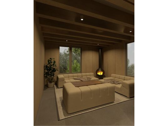 Fireplace, Interior, Living room, Recessed Lighting, Wooden Beams