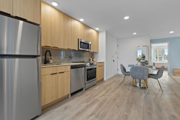 Dining room, Interior, Kitchen, Recessed Lighting, Stainless Steel Appliances, Wood Texture Flooring