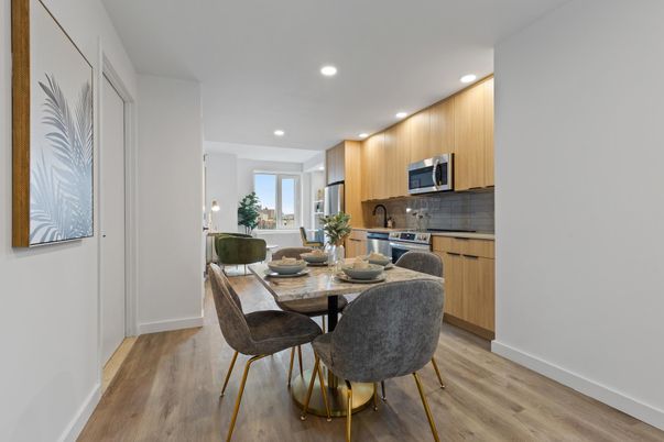 Dining room, Interior, Kitchen, Recessed Lighting, Wood Texture Flooring