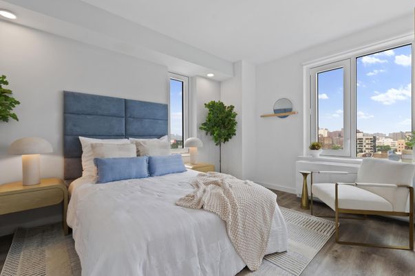 Bedroom, Interior, Recessed Lighting, Wood Texture Flooring