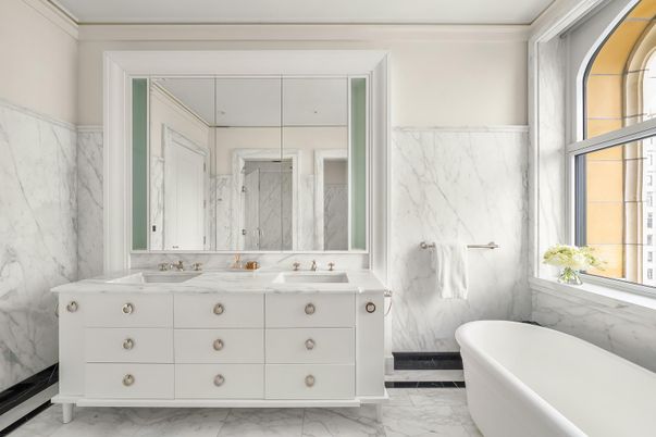 Bathroom, Dual Sink Vanities, Free Standing Baths, Interior, Marble, Marble Walls