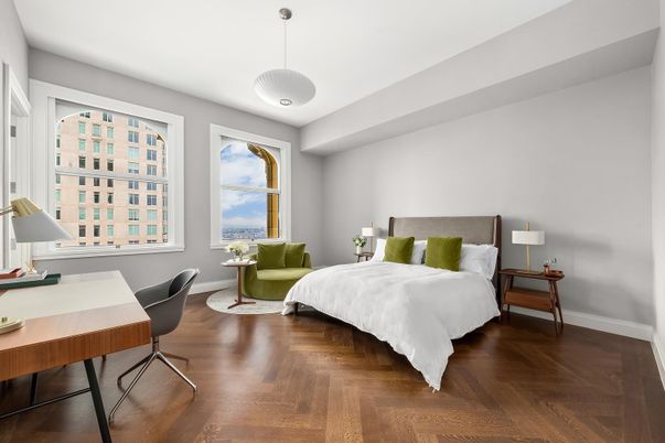 Bedroom, Home Office, Interior, Pendant Lights, Wood Texture Flooring