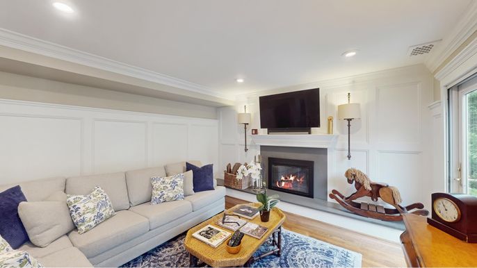 Fireplace, Interior, Living room, Recessed Lighting, Wood Texture Flooring