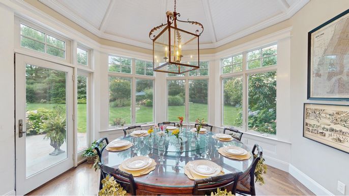 Dining room, Interior, Pendant Lights, Sun Room, Wood Texture Flooring