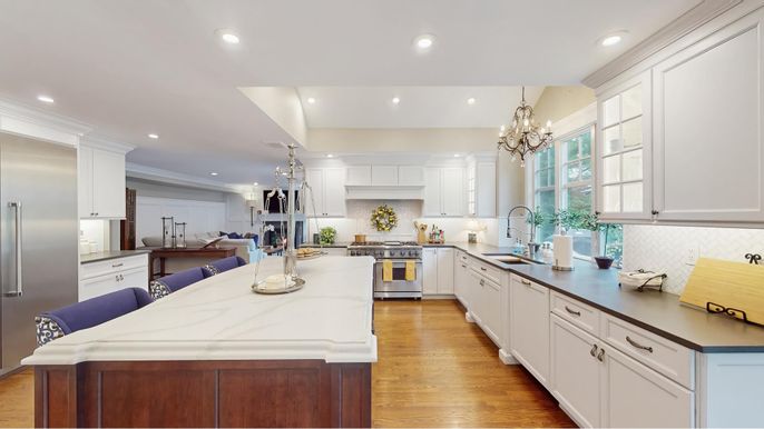Chandelier, Interior, Kitchen, Recessed Lighting, Stainless Steel Appliances, Wood Texture Flooring