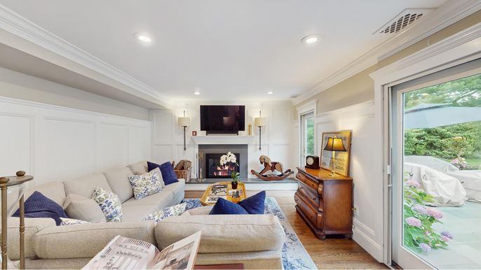 Fireplace, Interior, Living room, Recessed Lighting, Wood Texture Flooring