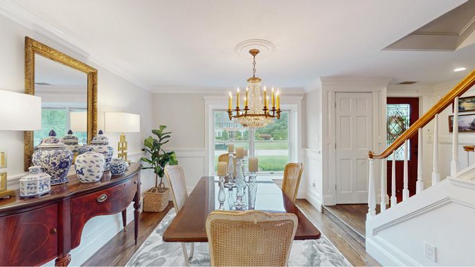 Chandelier, Dining room, Interior, Recessed Lighting, Wood Texture Flooring