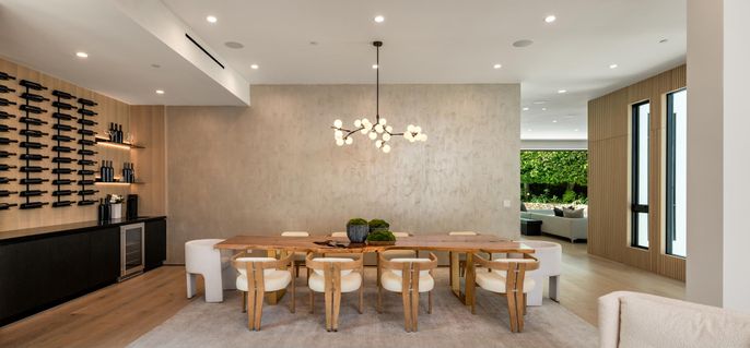 Dining room, Interior, Pendant Lights, Recessed Lighting, Wine Storage, Wood Texture Flooring