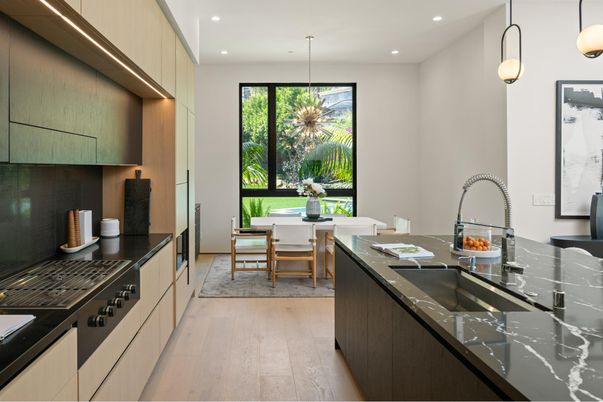 Dining room, Interior, Kitchen, Pendant Lights, Recessed Lighting, Wood Texture Flooring
