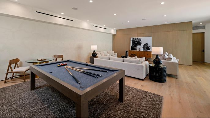 Billiard Table, Game Room, Interior, Living room, Recessed Lighting, Wood Texture Flooring