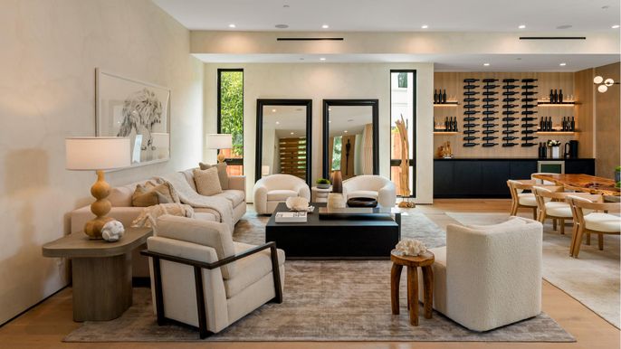 Dining room, Interior, Living room, Recessed Lighting, Wood Texture Flooring