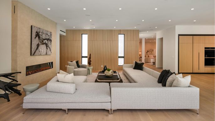 Fireplace, Interior, Living room, Recessed Lighting, Wood Texture Flooring