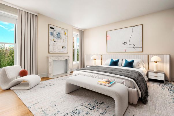 Bedroom, Fireplace, Interior, Wood Texture Flooring