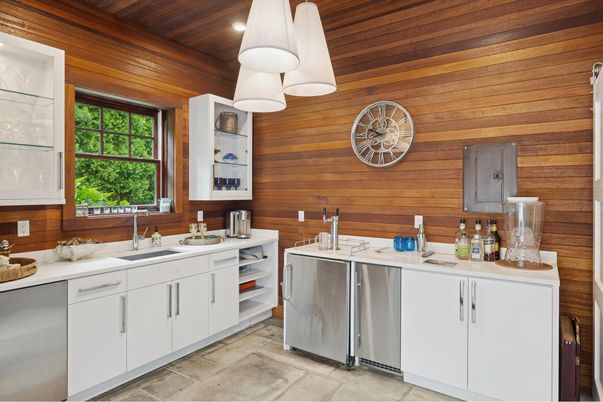 Interior, Kitchen, Pendant Lights, Recessed Lighting, Stainless Steel Appliances, Wooden Ceilings, Wooden Walls