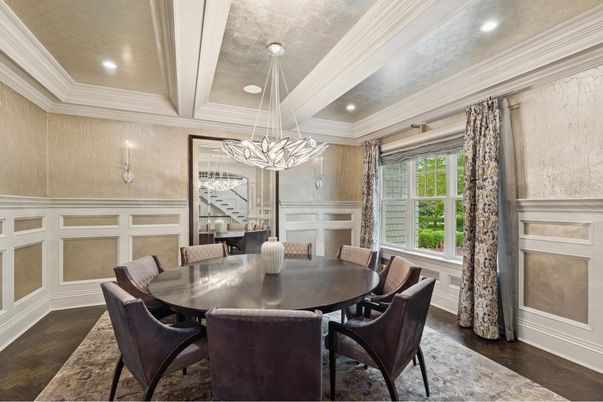 Dining room, Interior, Pendant Lights, Recessed Lighting, Wood Texture Flooring