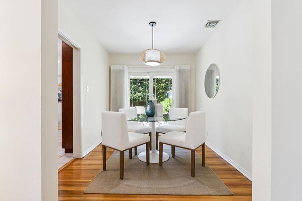 Dining room, Interior, Pendant Lights, Wood Texture Flooring