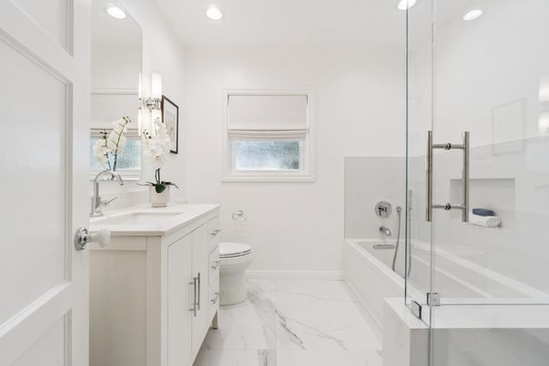 Bathroom, Glass Shower, Interior, Marble, Recessed Lighting