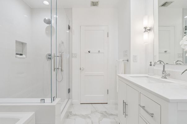 Bathroom, Dual Sink Vanities, Glass Shower, Interior, Marble, Recessed Lighting