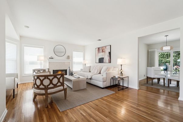 Dining room, Fireplace, Interior, Living room, Pendant Lights, Wood Texture Flooring