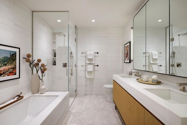 Bathroom, Dual Sink Vanities, Glass Shower, Interior, Recessed Lighting