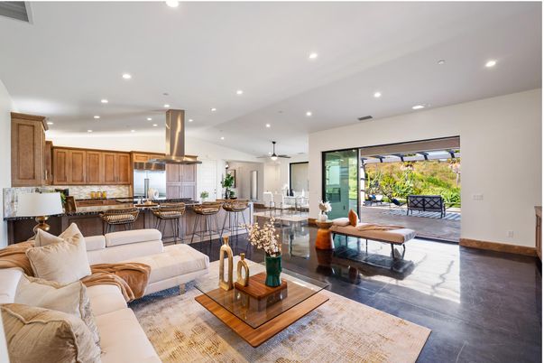 Dining room, Interior, Kitchen, Living room, Recessed Lighting, Stainless Steel Appliances, Wood Texture Flooring