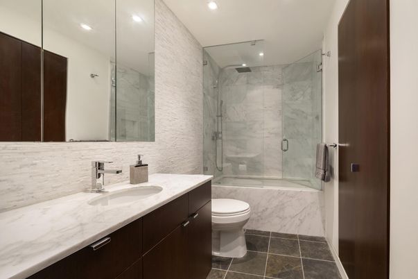Bathroom, Glass Shower, Interior, Marble Walls, Recessed Lighting