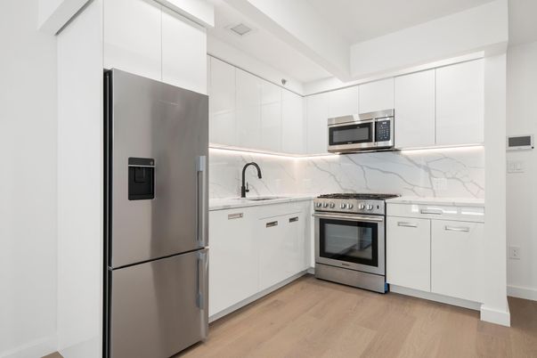 Interior, Kitchen, Marble Walls, Stainless Steel Appliances, Wood Texture Flooring