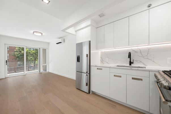 Interior, Kitchen, Marble Walls, Stainless Steel Appliances, Wood Texture Flooring