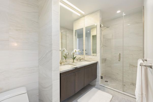 Bathroom, Glass Shower, Interior, Marble Walls, Recessed Lighting