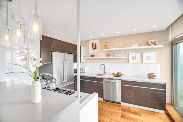 Interior, Kitchen, Pendant Lights, Recessed Lighting, Stainless Steel Appliances, Wood Texture Flooring