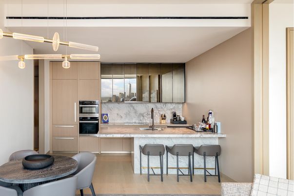 Interior, Kitchen, Pendant Lights, Stainless Steel Appliances, Wood Texture Flooring