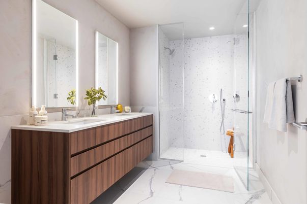 Bathroom, Glass Shower, Interior, Marble, Recessed Lighting