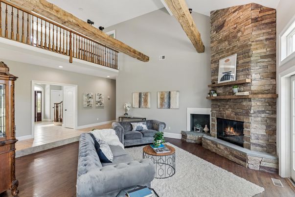 Fireplace, Interior, Living room, Recessed Lighting, Stone Walls, Wooden Beams, Wood Texture Flooring