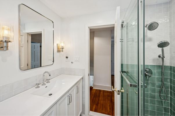 Bathroom, Glass Shower, Interior, Wood Texture Flooring