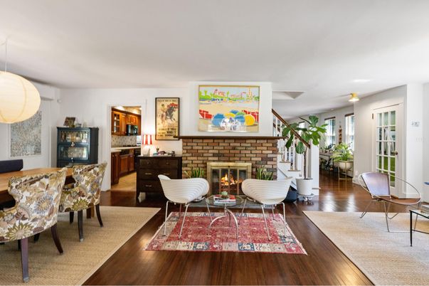 Dining room, Fireplace, Interior, Living room, Wood Texture Flooring