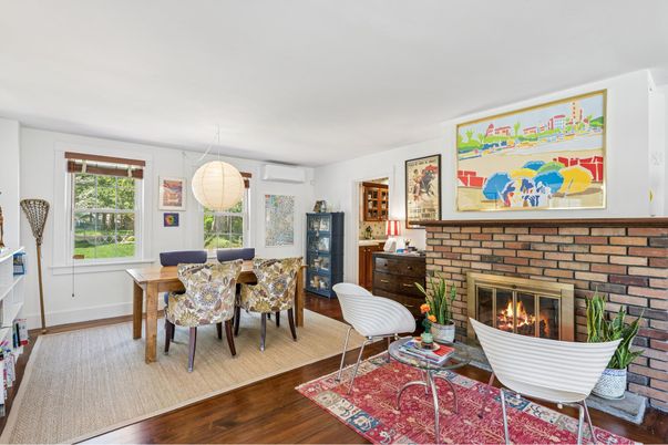 Dining room, Fireplace, Interior, Living room, Pendant Lights, Wood Texture Flooring