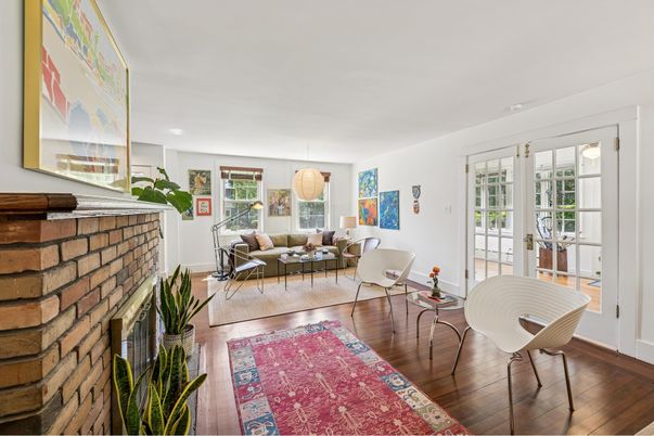 Fireplace, Interior, Living room, Pendant Lights, Wood Texture Flooring