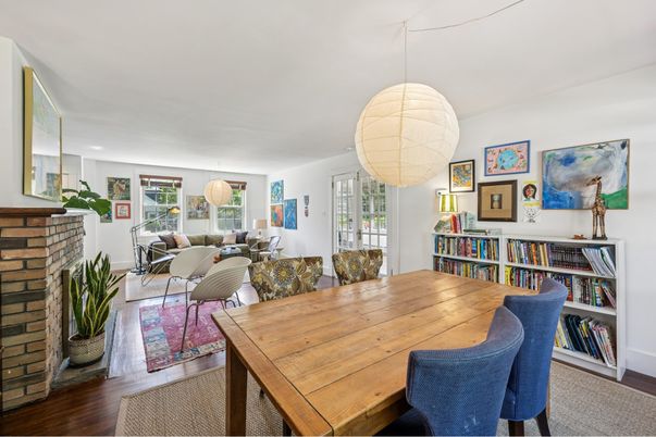 Dining room, Fireplace, Interior, Living room, Pendant Lights, Wood Texture Flooring