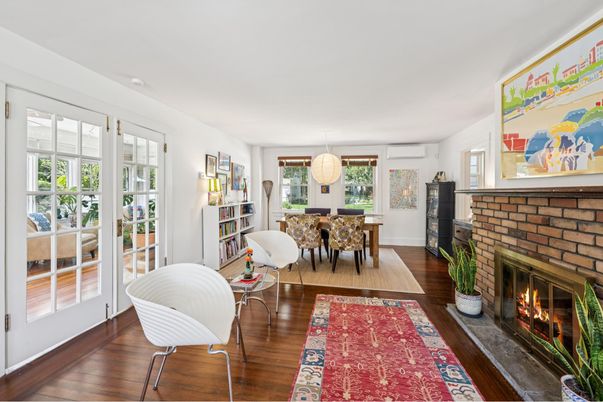 Dining room, Fireplace, Interior, Wood Texture Flooring