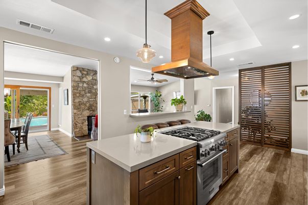 Dining room, Interior, Kitchen, Pendant Lights, Recessed Lighting, Stainless Steel Appliances, Wood Texture Flooring
