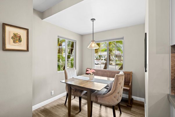 Dining room, Interior, Pendant Lights, Wood Texture Flooring