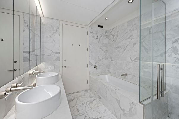 Bathroom, Glass Shower, Interior, Marble, Marble Walls, Recessed Lighting