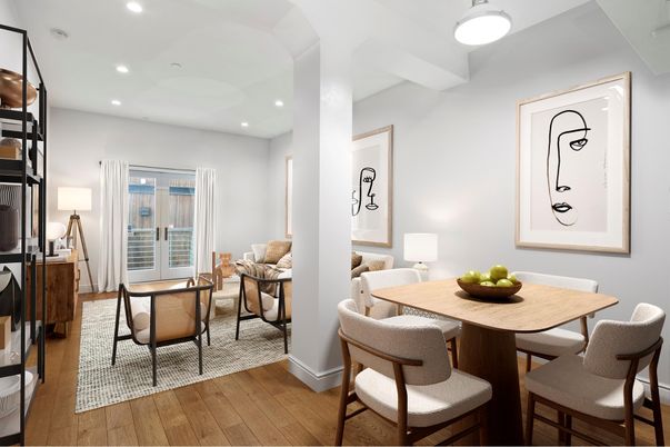 Dining room, Interior, Living room, Recessed Lighting, Wood Texture Flooring