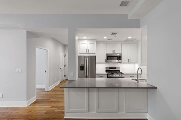 Interior, Kitchen, Recessed Lighting, Stainless Steel Appliances, Wood Texture Flooring