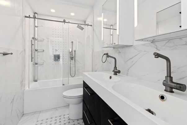 Bathroom, Glass Shower, Interior, Marble, Marble Walls, Recessed Lighting