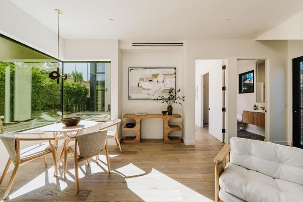 Dining room, Interior, Pendant Lights, Wood Texture Flooring