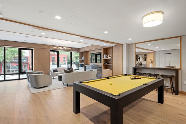 Billiard Table, Game Room, Interior, Living room, Pendant Lights, Recessed Lighting, Wood Texture Flooring