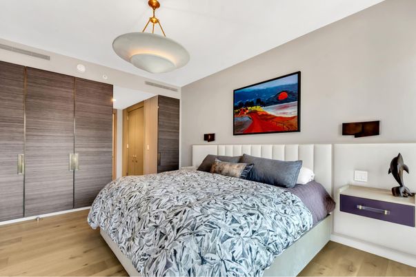 Bedroom, Interior, Pendant Lights, Wood Texture Flooring