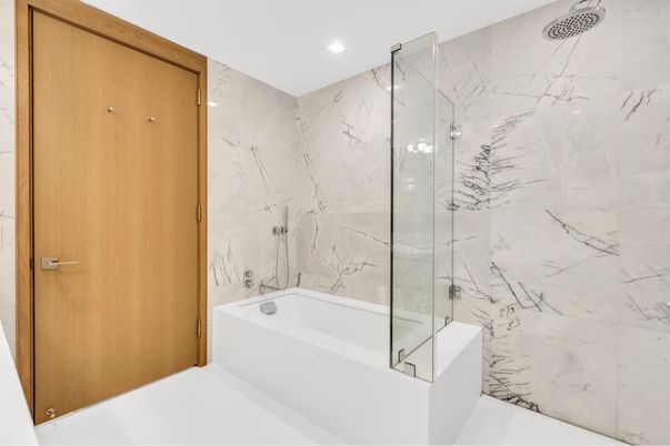 Bathroom, Glass Shower, Interior, Marble Walls, Recessed Lighting