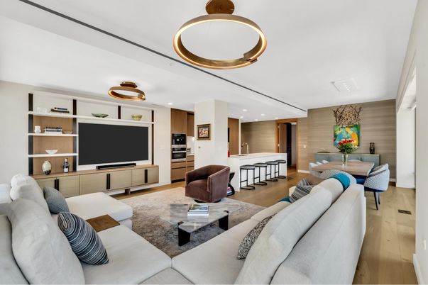 Dining room, Interior, Kitchen, Living room, Pendant Lights, Recessed Lighting, Stainless Steel Appliances, Wood Texture Flooring